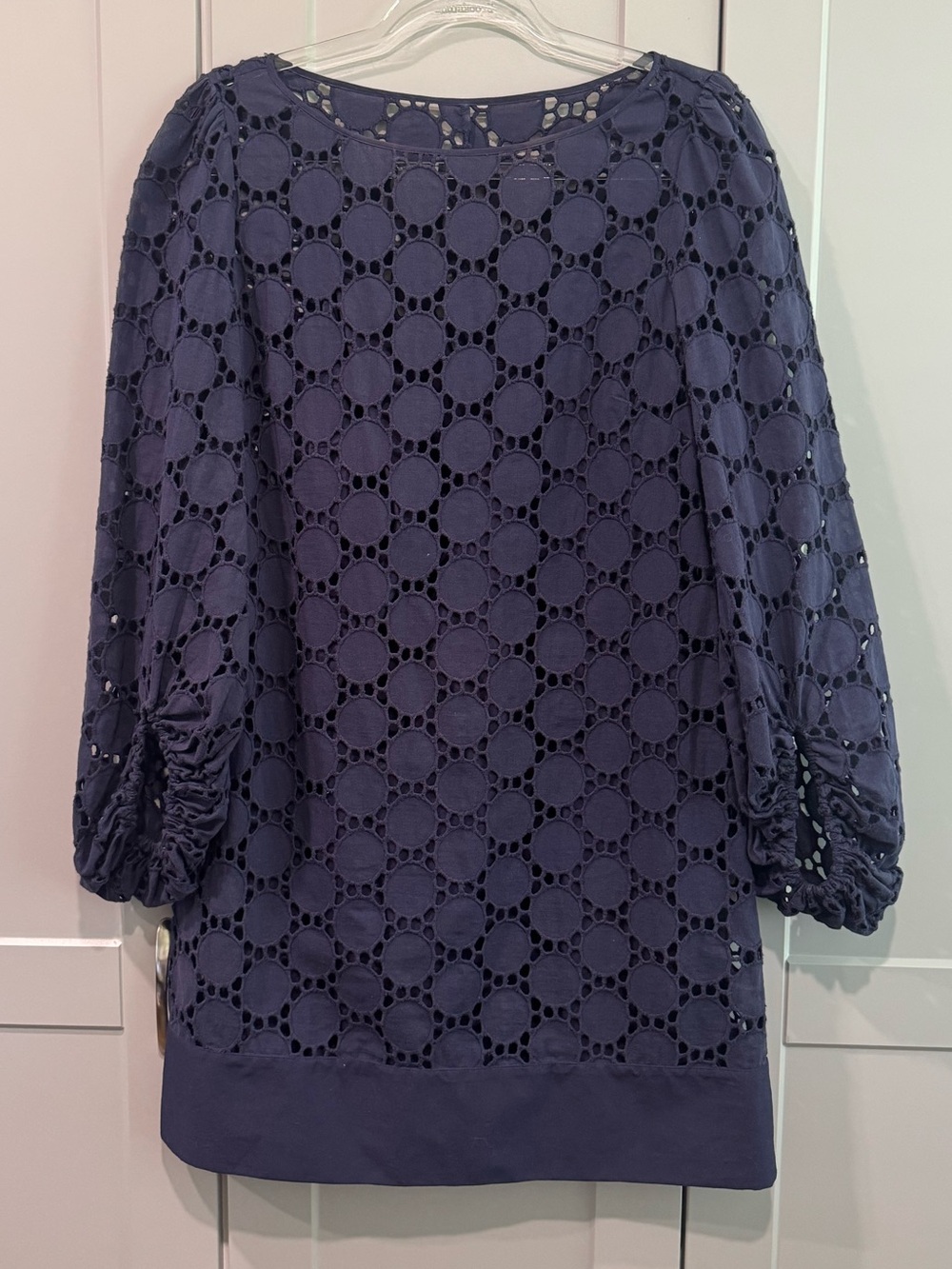 Laundry By Shelli Segal Navy Eyelet Ruched-Sleeve Shift Dress